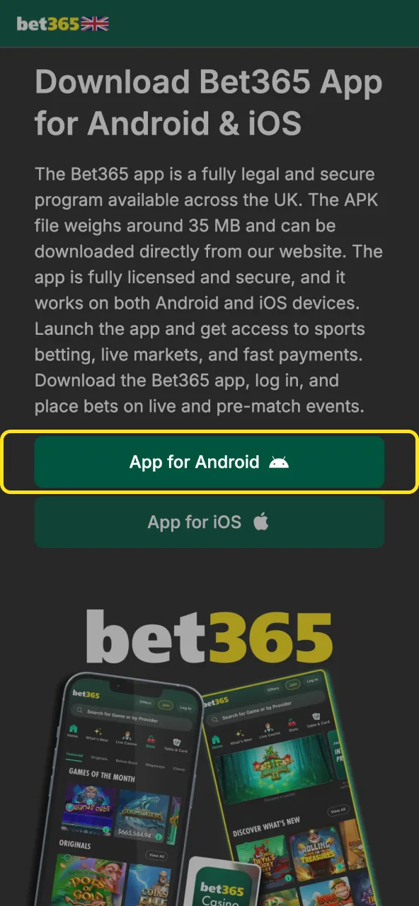 Download official Bet365 Android APK directly from our website.