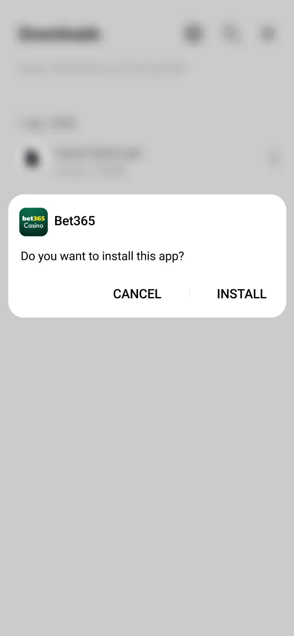 Installation of Bet365 completes after user confirmation on device.