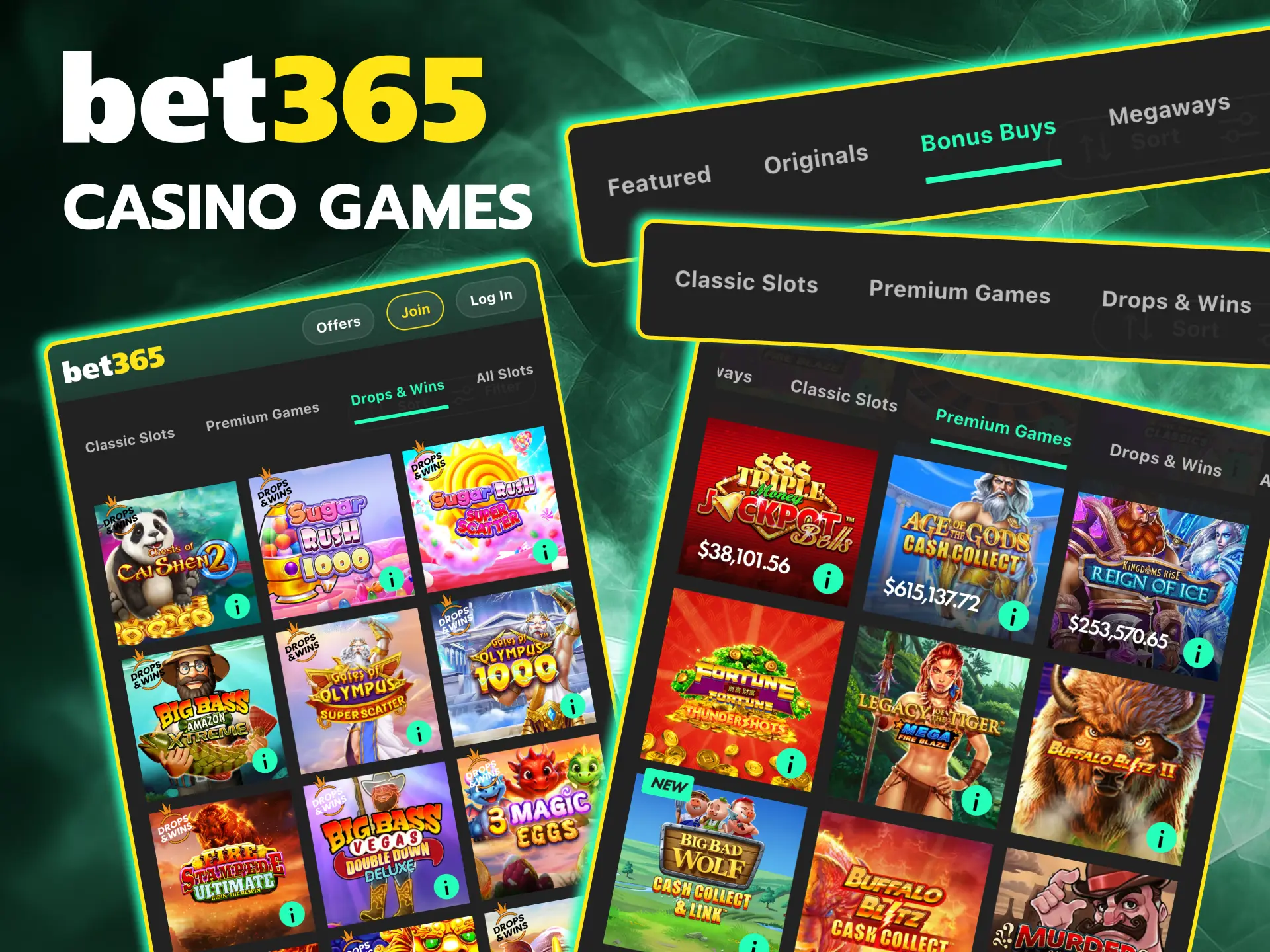 Play casino slots and games directly in the Bet365 app.