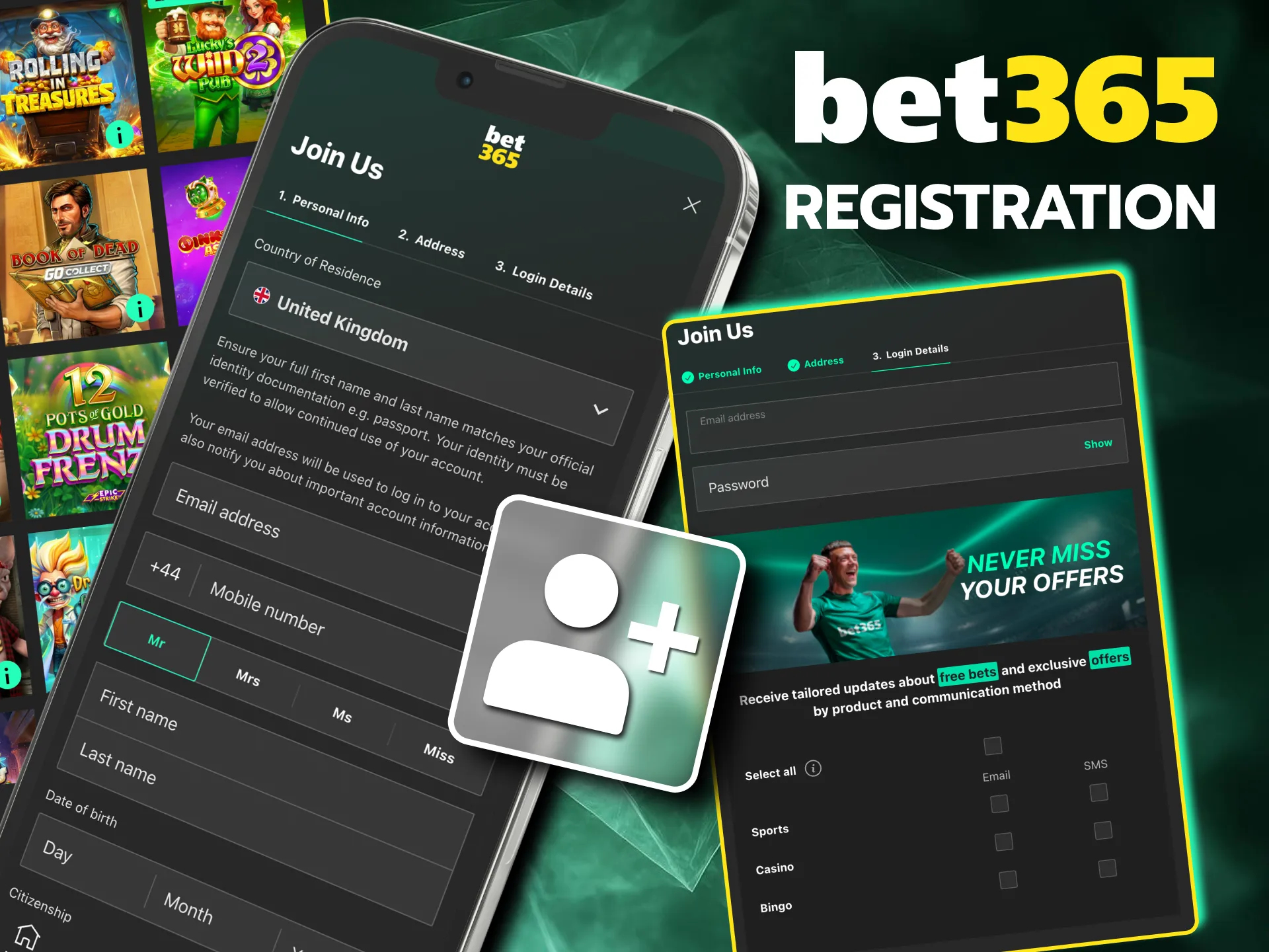 Complete Bet365 app registration by entering email, phone and address.