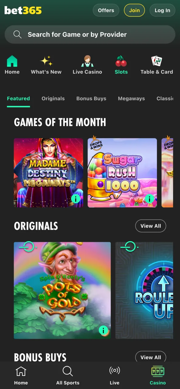 Slots and games in the Bet365 app.