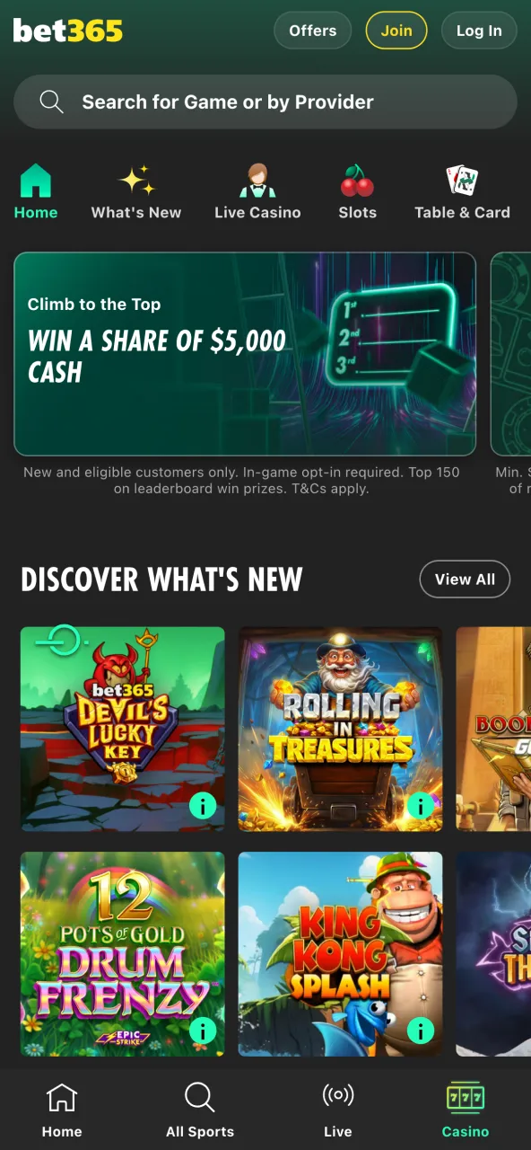 Home page in the Bet365 app.