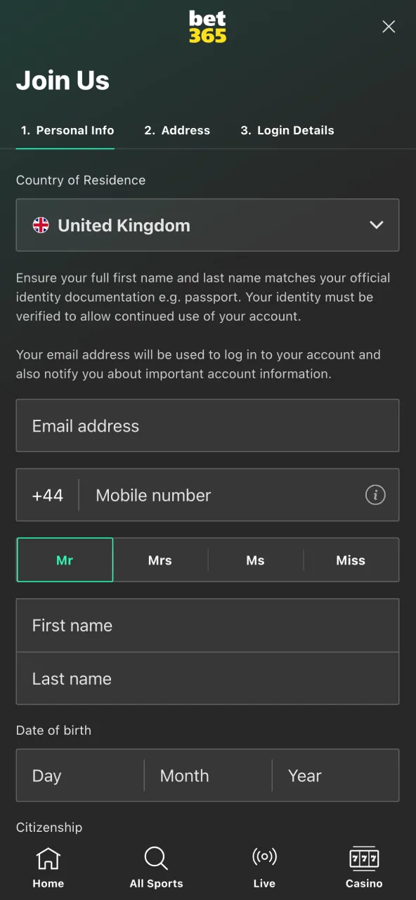 Registration form in the Bet365 app.