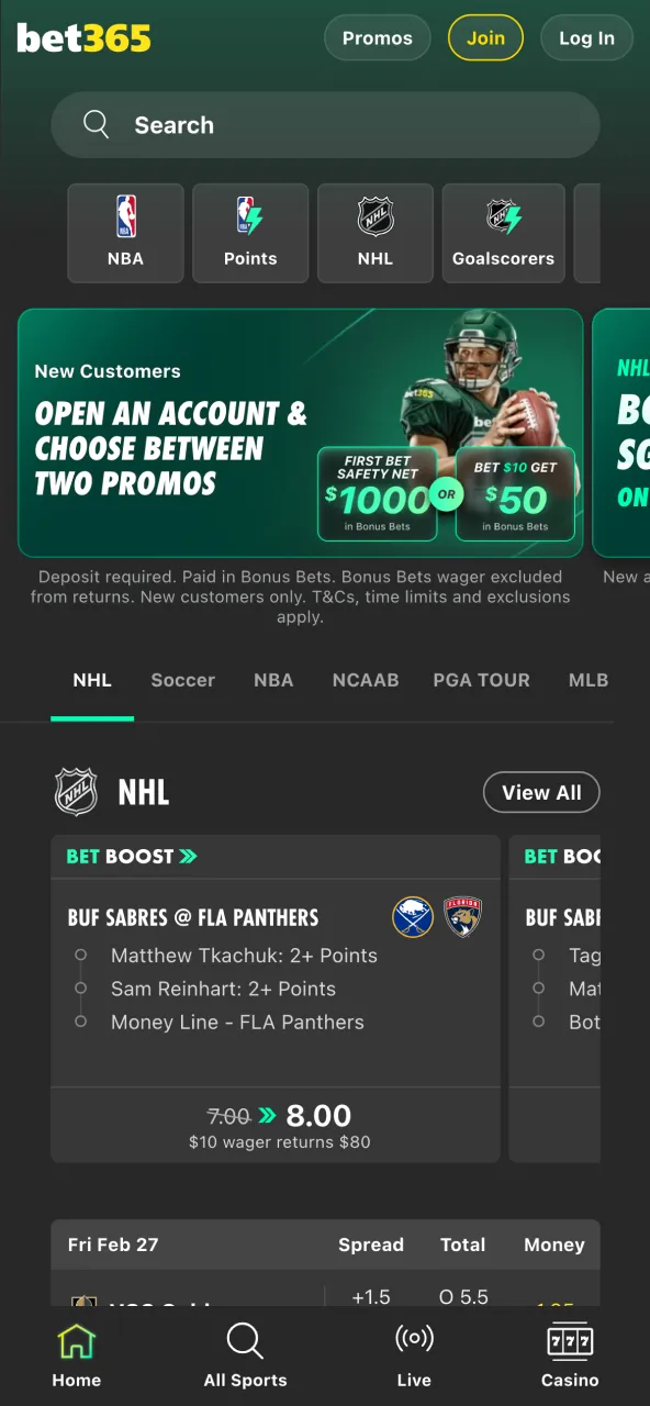 Sports betting in the Bet365 app.
