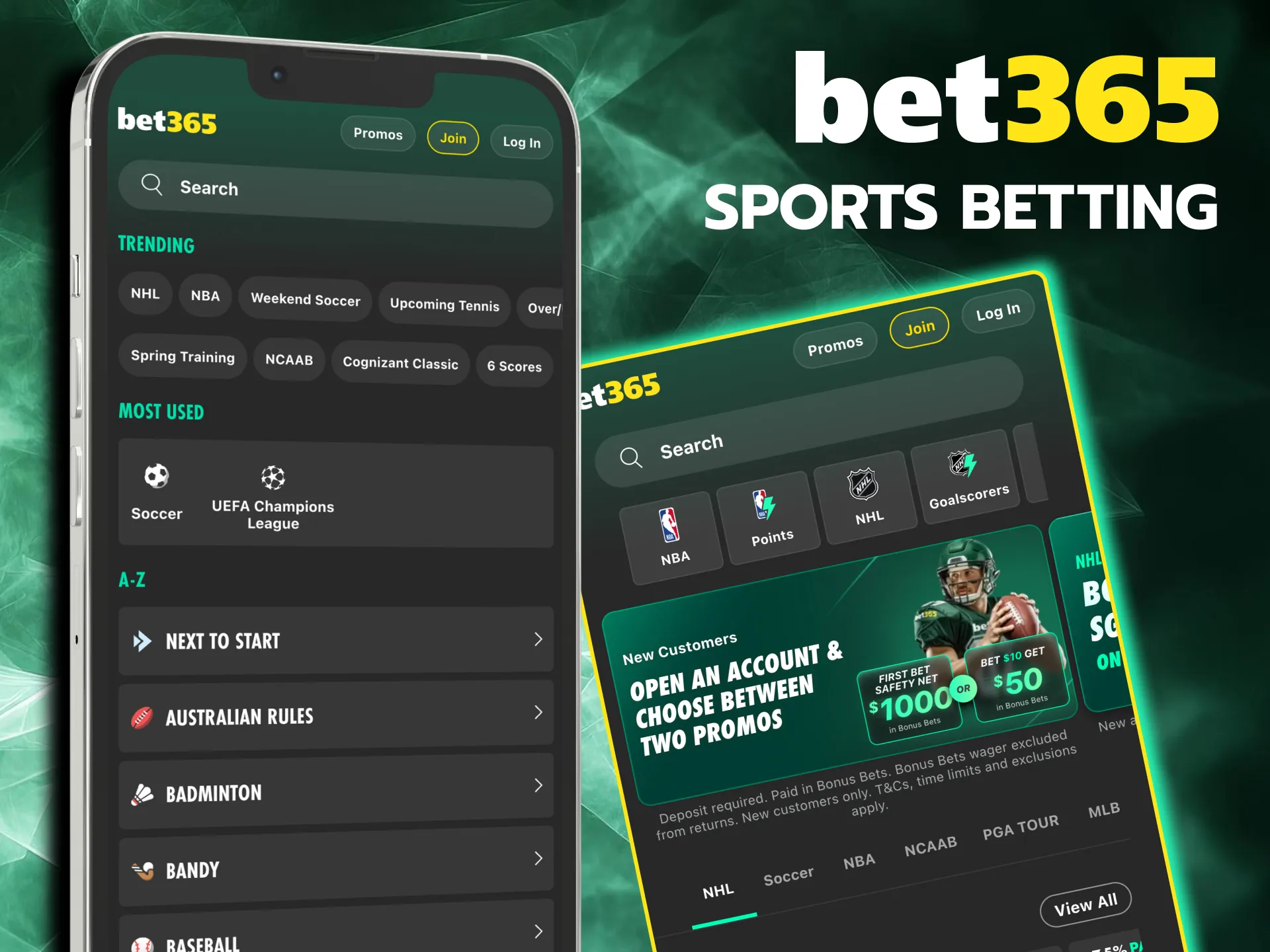 Bet365 app offers pre-match and live sports betting daily.