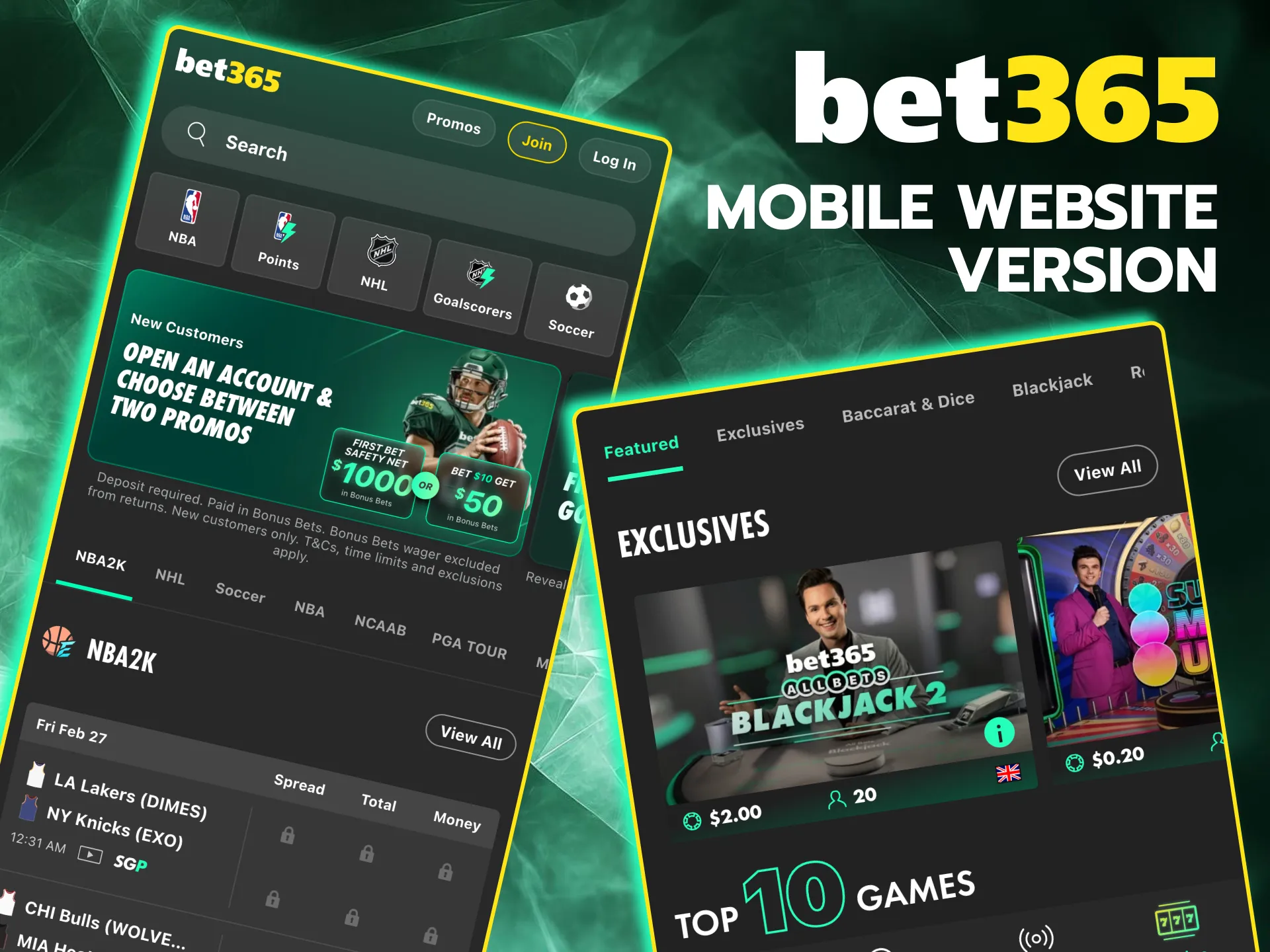 Mobile version of Bet365 works on any device without downloads.
