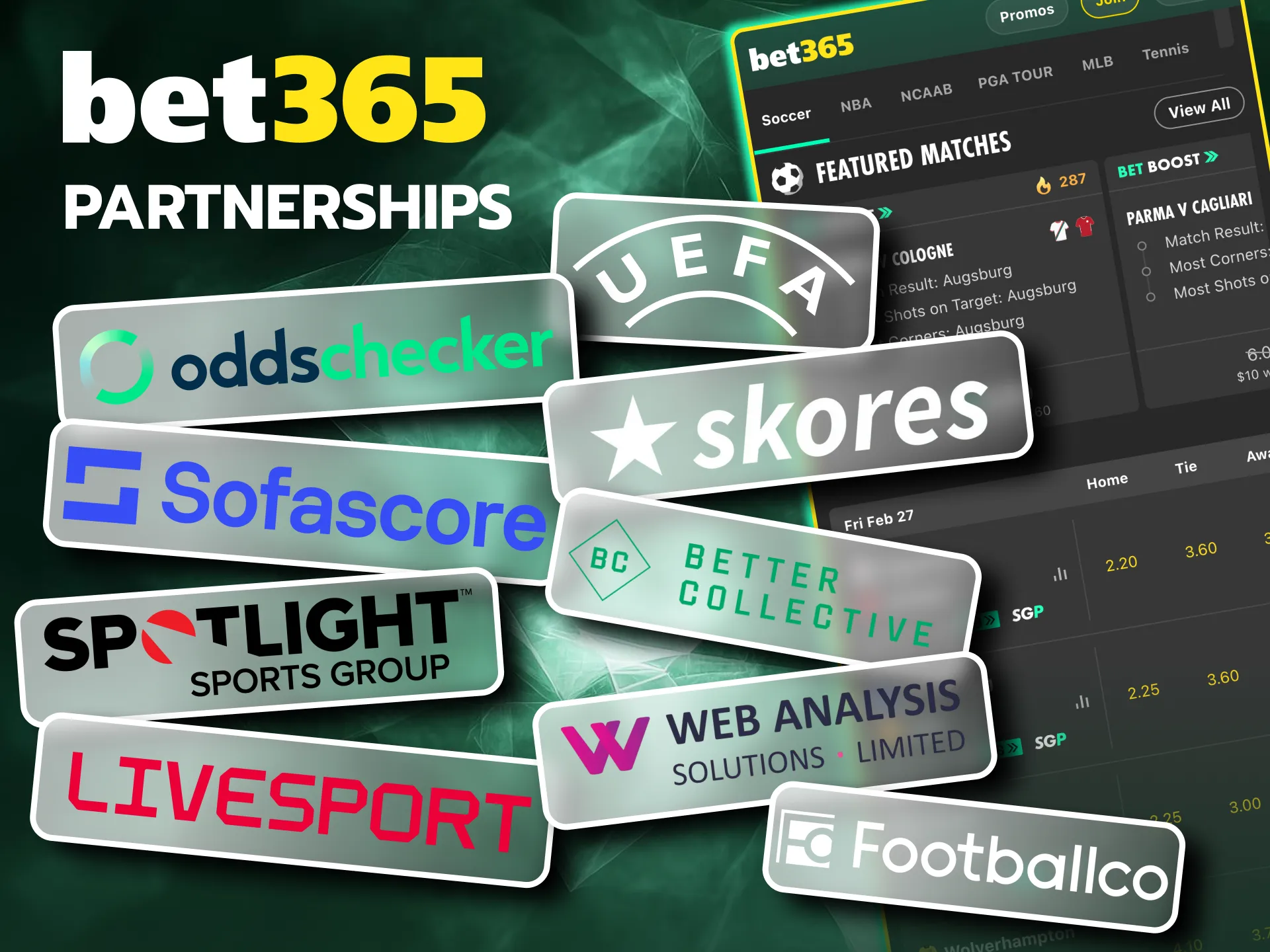 Partnerships with Livesport and Sofascore strengthen Bet365 presence.