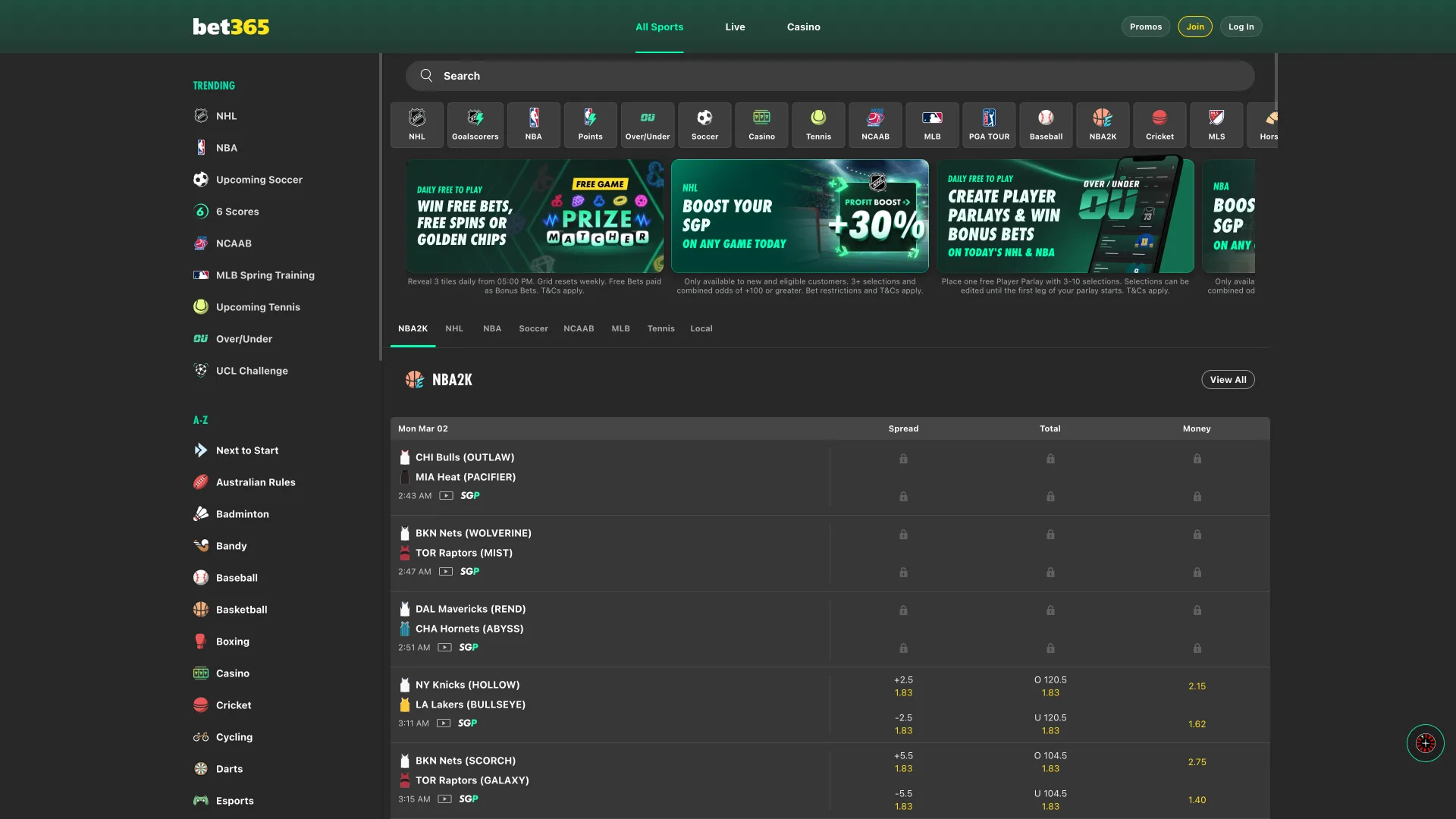 Sports betting on the site Bet365.