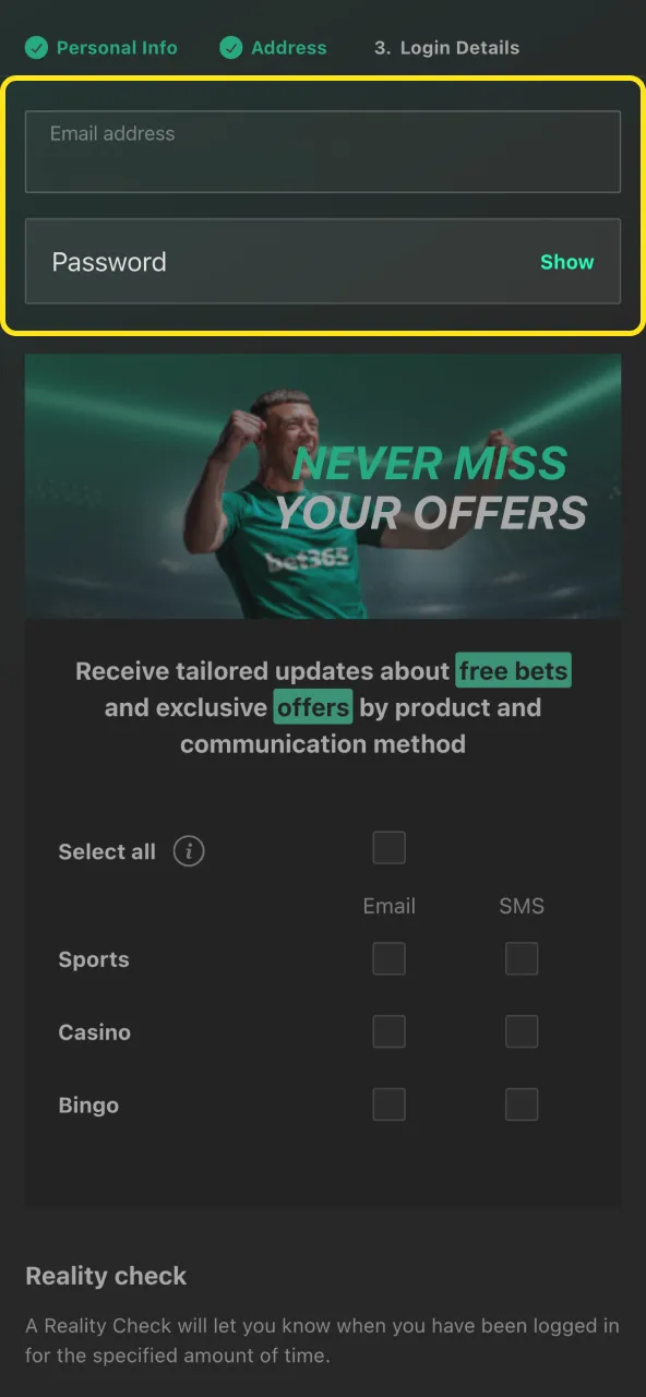 Provide email and password to join Bet365 with bonus code.