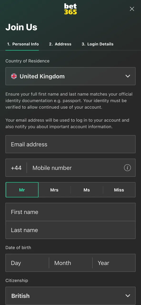 Enter gender name, birth date and phone to join Bet365.